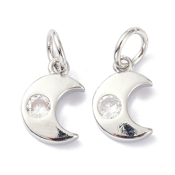 Brass Cubic Zirconia Charms, with Jump Ring, Long-Lasting Plated, Lead Free & Cadmium Free, Moon, Real Platinum Plated, 9.5x6.5x1.8mm