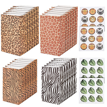 2 Sets 2 Styles Rectangle Animal Skin Print Kraft Paper Bags, Zebra Giraffe Leopard Lion Skin Print Bags with Paper Stickers, for Gift, Candy Packaging, Mixed Color, Bag: 8.1x12x22cm, Fold: 22x12x0.2cm, 3pcs/pattern, Stickers: 38~43x35mm, 1 set/style