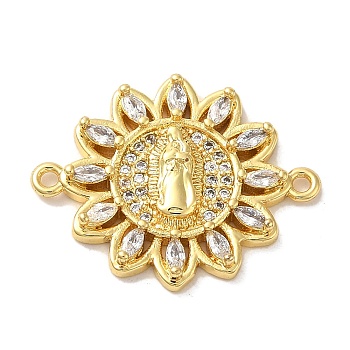 Religion Brass Pave Clear Cubic Zirconia Connector Charms, Virgin Mary Links, Real 16K Gold Plated, Flower, 19x23x3mm, Hole: 1.2mm