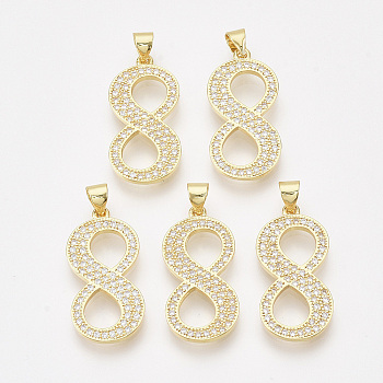 Brass Cubic Zirconia Pendants, Real 14K Gold Plated, Clear, Number, Num.8, 25x12.5x1.5mm, Hole: 4x3mm