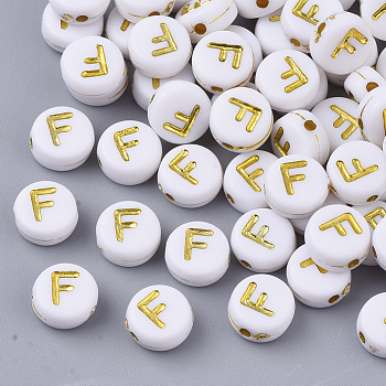 Plating Acrylic Beads, Golden Metal Enlaced, Horizontal Hole, Flat Round with Alphabet, White, Letter.F, 7x3.5mm, Hole: 1.2mm, about 360pcs/50g