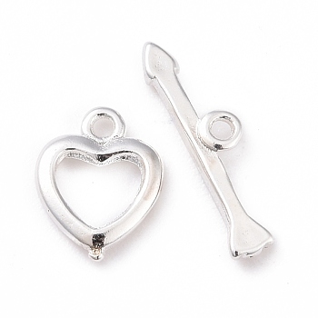 Eco-friendly Brass Toggle Clasps, Cadmium Free & Lead Free, Long-Lasting Plated, Heart, 925 Sterling Silver Plated, Heart: 10.5x8.5x1.5mm, Bar: 4x17x1.5mm, Hole: 1.2mm