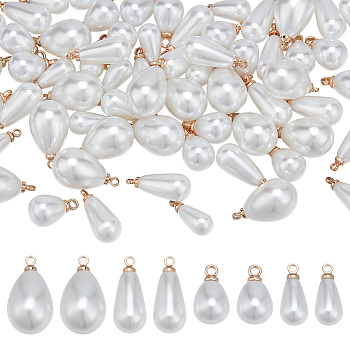 64Pcs 4 Styles ABS Plastic Imitation Pearl Pendants, with Brass Finding, Teardrop Charm, Golden, 16~21.5x5.5~13mm, Hole: 1.8~2mm, 16pcs/style