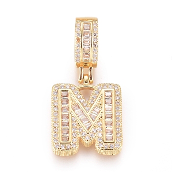 Brass Micro Pave Cubic Zirconia Pendants, Letter, Clear, Golden, Letter.M, 19x16x3.5mm, Hole: 6.5x9mm