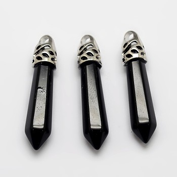 Bullet Natural Black Agate Pointed Pendants, with Platinum Plated Brass Findings, 34~45x8~10mm, Hole: 3mm