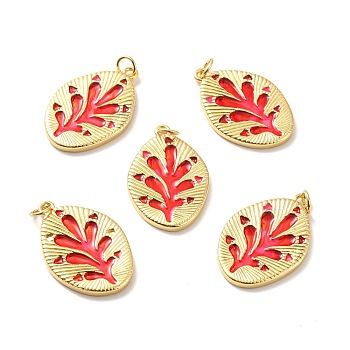 Rack Plating Brass Enamel Pendants, Cadmium Free & Lead Free & Nickle Free, with Jump Ring, Oval with Leaf, Real 18K Gold Plated, 27x18x2mm, Jump Ring: 5x0.6mm, Inner Diameter: 3.5mm