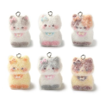 Flocking Resin Pendants, with Iron Loops, Cat Shape Charms, Mixed Color, 26.5x17.5x18.5mm, Hole: 2mm