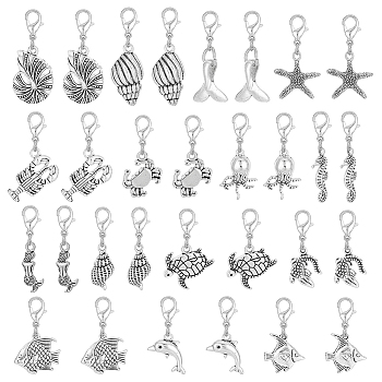 Sea Animal Theme Tibetan Style Alloy Pendant Decoration, with Lobster Claw Clasps, Antique Silver & Platinum, 30~38mm, 15 style, 2pcs/style, 30pcs/set