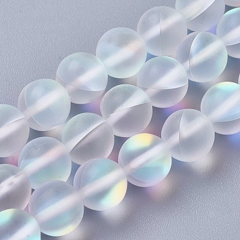 Synthetic Moonstone Beads Strands, Holographic Beads, Round, Frosted, Clear, 10mm, Hole: 1mm, about 40pcs/strand, 15.16 inch(38.5cm)