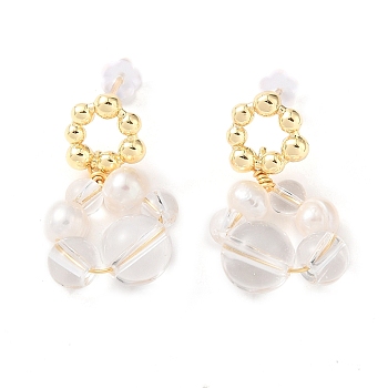 Natural Quartz Crystal Dangle Earrings, Brass Pearl Stud Earrings for Women, Real 14K Gold Plated, 26.5x14.5~15.5mm