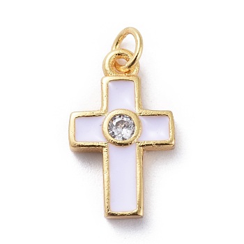 Cubic Zirconia Tiny Cross Charms, with Brass Findings and Enamel, Golden, White, 15x9x2.5mm, Hole: 1.8mm