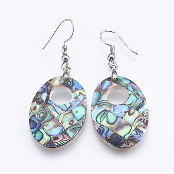 Abalone Shell/Paua Shell Dangle Earrings, with Brass Findings, Oval, Platinum, 53~54mm, Pin: 0.7mm