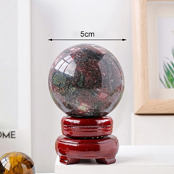 Natural Rhodonite Crystal Ball Display Decorations, Reiki Energy Stone Sphere, with Wood Base, Feng Shui Ornaments, 50~55mm