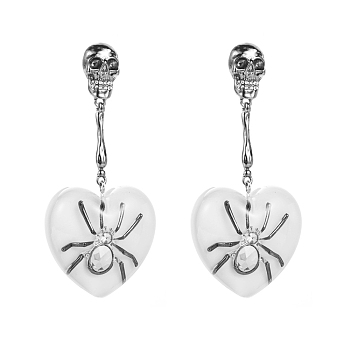 Halloween Alloy Rhinestone Stud Earrings, Resin Heart & Spider Dangle Earrings for Women, White, 78x35mm