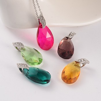Faceted Teardrop Brass Glass Pendants, with Rhinestone, Platinum, Mixed Color, 22x13x8mm, Hole: 4.5x3.5mm