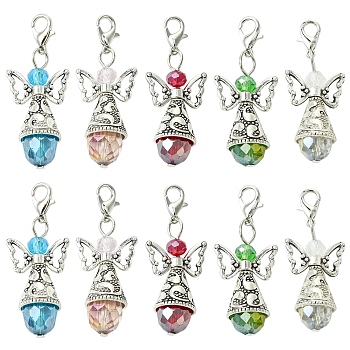 20Pcs 5 Colors Angel Glass Acrylic Pendants, with Alloy Beads and Lobster Claw Clasps, Antique Silver & Platinum, Mixed Color, 43mm, 4pcs/color