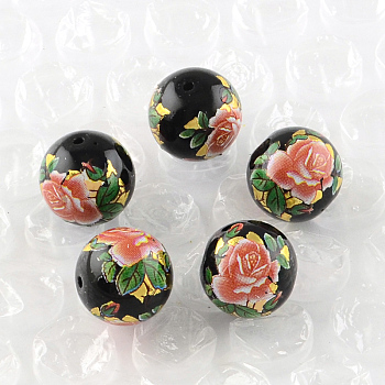 Rose Flower Pattern Printed Round Glass Beads, Chocolate, 10x9mm, Hole: 1.5mm