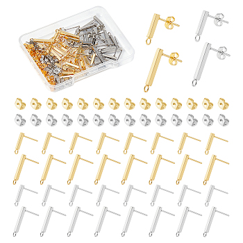 40Pcs 4 Style 304 Stainless Steel Rectangle Stud Earring Finding, with Loops, with 40Pcs Ear Nuts, Real Gold Plated & Stainless Steel Color, 13~18x3mm, Hole: 1.8mm, Pin: 0.8mm, 10Pcs/style