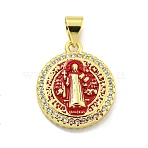 Rack Plating Brass Micro Pave Cubic Zirconia Pendants, with Enamel Cadmium Free & Lead Free, Real 18K Gold Plated, Flat Round, Brown, 18x15x4mm, Hole: 5mm(KK-B091-22G-05)