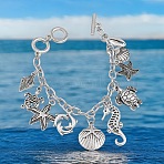 Ocaen Alloy Charm Bracelets, Cable Chain Bracelets for Women, Shell Shape & Starfish & Tortoise & Dolphin & Sea Horse, Antique Silver, 7-5/8 inch(19.5cm)(FS-WGFD137-01)