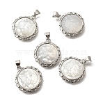 Brass Pave Natural White Shell Carved Cat Pendants, Rack Plating, Flat Round Charms, Platinum, 22x19.5x3.5mm, Hole: 3x4mm(KK-Z091-08P-03)