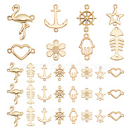 80Pcs 8 Styles Alloy Connector Charms, Star & Hamsa Hand & Flower & Heart, Mixed Shapes, Light Gold, 15~25x10.5~27x1~2.5mm, Hole: 1~1.5mm, 10pcs/style(FIND-GO0001-05)
