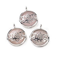 Natural Rose Quartz Locket Pendants, Flat Round Charms, with Platinum Plated Brass Lotus Findings, 31.5x27x9mm, Hole: 4.6mm(G-G982-01P-17)