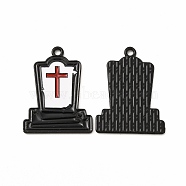 Halloween Theme Rack Plating Spray Painted Alloy Enamel Pendants, Tomb with Cross Charms, Cadmium Free & Nickel Free & Lead Free, Electrophoresis Black, White, 25x19x3mm, Hole: 1.6mm(FIND-G054-13EB-01)