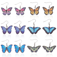 6 Pairs 6 Style Acrylic Butterfly Dangle Earrings, Platinum Iron Jewelry for Women, Mixed Color, 38~44mm, Pin: 0.7mm, 1 Pair/style(EJEW-AN0001-07)
