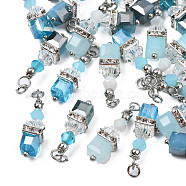 Faceted Transparent Glass Charms, with Platinum Plated Iron Findings and Jump Ring, Cube, Mixed Color, 25.5x6x6mm, Hole: 2mm(GLAA-Q026-08)