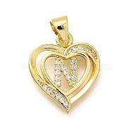 Rack Plating Brass Micro Pave Cubic Zirconia Pendants, Long-Lasting Plated, Lead Free & Cadmium Free,Real 18K Gold Plated, Heart with Letter Charms, Letter N, 17.5x15x2.5mm, Hole: 5x3mm(KK-L226-101G-N)