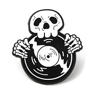 Punk Style Skull & Phonograph Record Enamel Pins, Black Alloy Brooch for Halloween, Black, 28x26x1.3mm(JEWB-M031-01B)