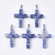Natural Blue Spot Stone Pendants, with Stainless Steel Peg Bails, Cross, Stainless Steel Color, 29~30x18.5x4.5mm, Hole: 5.5x2mm(G-S358-001C)