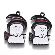 Halloween Theme Alloy Enamel Pendants, White Ghost with Black Witch Hat and Broom, Electrophoresis Black, 22.5x14.5x1.5mm, Hole: 1.6mm(X-ENAM-J649-03B)