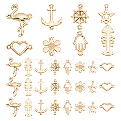 80Pcs 8 Styles Alloy Connector Charms, Star & Hamsa Hand & Flower & Heart, Mixed Shapes, Light Gold, 15~25x10.5~27x1~2.5mm, Hole: 1~1.5mm, 10pcs/style(FIND-GO0001-05)