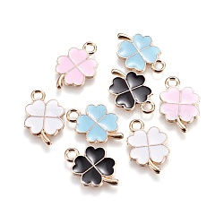 Alloy Enamel Pendants, Four Leaf Clover, Light Gold, Mixed Color, 18x12x1mm, Hole: 2.5mm(ENAM-L017-I)