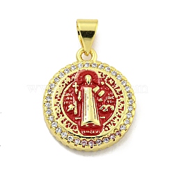 Rack Plating Brass Micro Pave Cubic Zirconia Pendants, with Enamel Cadmium Free & Lead Free, Real 18K Gold Plated, Flat Round, Brown, 18x15x4mm, Hole: 5mm(KK-B091-22G-05)