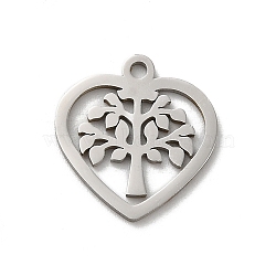 201 Stainless Steel Charms, Laser Cut, Stainless Steel Color, Heart Charm, Tree, 14x13x1mm, Hole: 1.2mm(STAS-E206-06P-04)