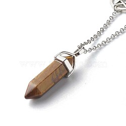 Bullet Faceted Natural Tiger Eye Pendant Necklace, with 304 Stainless Steel  Star & Moon Link and Chain, 18.31 inch(465mm) (NJEW-JN03601-02)