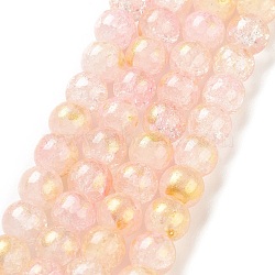 Baking Painted Crackle Glass Bead Strands, with Gold Powder, Round, Pink, 10mm, Hole: 1.4mm, about 80pcs/strand, 30.87 inch(78.4cm)(DGLA-R053-05E)