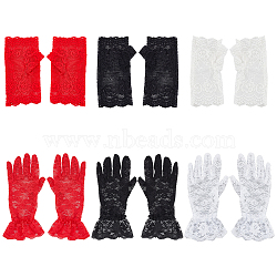 6 Pairs 6 Style Flower Pattern Lace Gloves, Fingerless Gloves, for Wedding Bride Supplies, Mixed Color, 165~260x85~90x1.5~2.5mm, 1 pair/style(AJEW-GA0006-10)