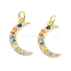 Brass Micro Pave Cubic Zirconia Pendants, with Glass and Jump Ring, Moon Charms, Real 18K Gold Plated, 17x10x2mm, Hole: 3.4mm(ZIRC-L077-038G)