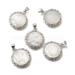 Brass Pave Natural White Shell Carved Cat Pendants, Rack Plating, Flat Round Charms, Platinum, 22x19.5x3.5mm, Hole: 3x4mm(KK-Z091-08P-03)