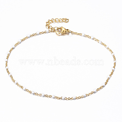 304 Stainless Steel Cable Chain Anklets, with Enamel Links, Golden, White, 9 inch(23cm), 1.5~2mm(AJEW-H010-01E)