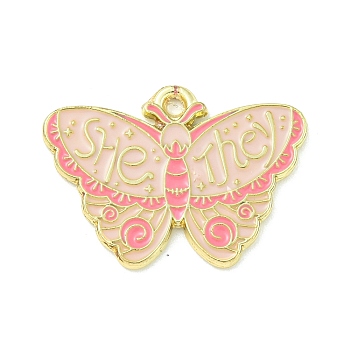 Alloy Enamel Pendants, Golden, She/They Pronouns Butterfly Charm, Pink, 18x25x1.5mm, Hole: 1.5mm