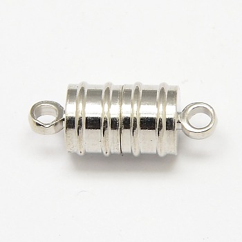Brass Magnetic Clasps with Loops, Column, Silver Color Plated, 20x8mm, Hole: 2mm