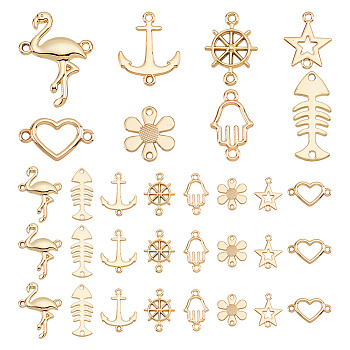 80Pcs 8 Styles Alloy Connector Charms, Star & Hamsa Hand & Flower & Heart, Mixed Shapes, Light Gold, 15~25x10.5~27x1~2.5mm, Hole: 1~1.5mm, 10pcs/style