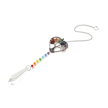 Chakra Theme Gemstone Pendant Decoration, Hanging Suncatcher, with Brass Rings, Heart Alloy Frame and Iron Findings, Bullet, Colorful, 430x2mm, Hole: 10mm