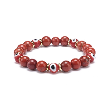 Natural Red Jasper & Lampwork Evil Eye Round Beaded Stretch Bracelet, Gemstone Jewelry for Women, Inner Diameter: 2 inch(5.1cm)