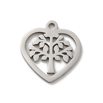 201 Stainless Steel Charms, Laser Cut, Stainless Steel Color, Heart Charm, Tree, 14x13x1mm, Hole: 1.2mm